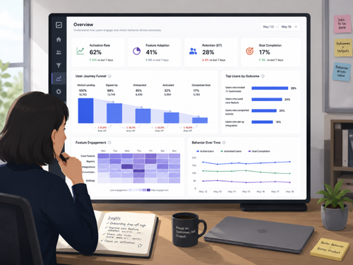 Product manager reviewing behavioral analytics dashboard